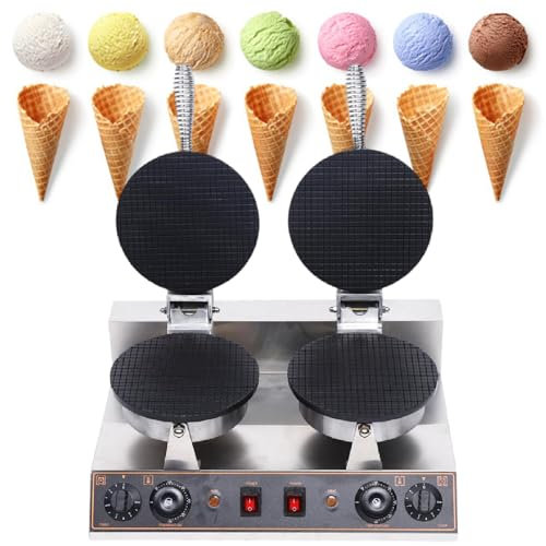 Commercial Electric Ice Cream Cone Maker Machine, 1200W Waffle Cone Maker Stainless Steel with Time & Temperature Dual Control, Nonstick Egg Roll Mold,Double-220V
