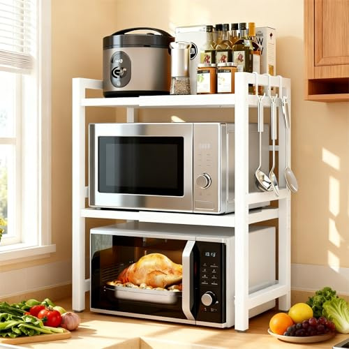 Homullel Expandable Microwave Oven Shelf Unit, Kitchen Countertop Microwave Stand with Shelves, Adjustable Kitchen Counter Rack Small Storage Shelving Unit, Desktop Printer Stand (White, 2-Tier)