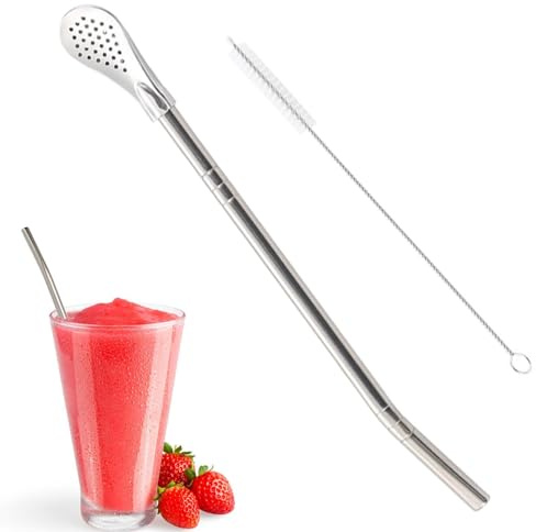 Cuchara de paja para beber, de acero inoxidable, pajita de té suelto, cuchara separable, filtro de malla fina | Bombilla de metal reutilizable para yerba mate, cepillo de limpieza de pajita, cuchara