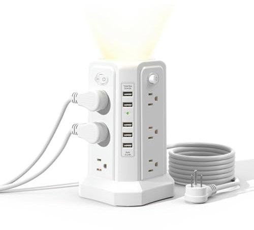 NYSDM Surge Protector Power Tower with 5 USB Ports And Night Light Extension Cord, Featuring 12 AC Outlets Overload Protection