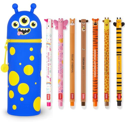 LEGAMI - Set mit 7 löschbaren Gelschreibern + 2-in-1-Etui – mit wärmeempfindlicher löschbarer Tinte, Farbpalette und Fassdesign, 0,7 mm Spitze (Monster)