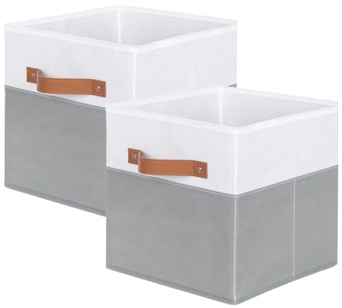 powerking Contenitore contenitore di stoccaggio in tessuto, 2 Pack pieghevole panno di stoccaggio cubo organizzatore cassetto con maniglia per armadio e giocattoli di stoccaggio, Bianco+Grigio Chiaro