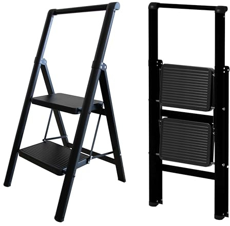 UABA Escalera Plegable de Acero, 2 Peldaños, Negra, Peldaños Anchos, EN 131