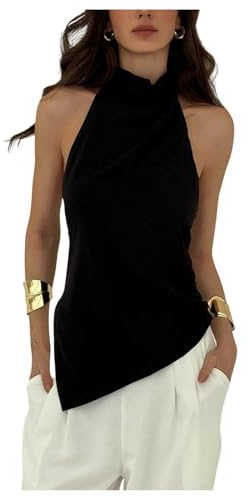 SOLY HUX Women's Asymmetrical Tops Halter Backless Sleeveless Going Out Tank Top Solid Black Small