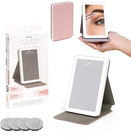 StylPro LED Mini specchio da trucco da viaggio con luce - Portatile, compatto, luce LED regolabile, 2 in 1 supporto e custodia - Ideale per viaggi, vacanze e borsette
