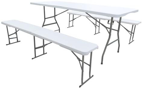 Set Da 3 Pezzi Tavolo + 2 Panche Pieghevoli Set Birreria Struttura Acciaio Impermeabile Uv Resistente Interno Esterno 180 Cm XXL 6/8 Per Feste Sagre Posti Maniglie Per Trasporto Giardino Campeggio