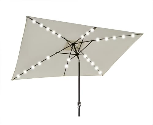 HAOKKV Ombrellone Da Giardino Rettangolare 200x300 Cm Con Inclinazione A Pulsante E Manovella, Tenda Da Sole Da Tavolo Per Esterni Con 26 Luci LED Ad Energia Solare(White)
