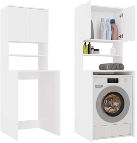 CDF Mobile Colonna per Lavatrice – Armadio da Bagno Salvaspazio con Ripiani per Detergenti – Struttura Alta per Lavanderia – Mobile per Accessori Bagno e Prodotti per la Pulizia – Pola Multi Bianco