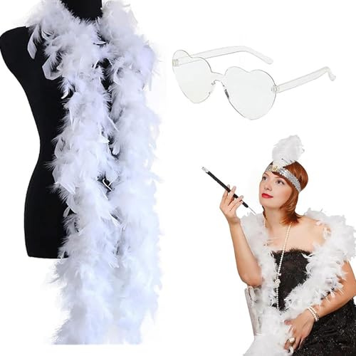 Federboa, 1,8 m, bunte Federboa mit Herz-Sonnenbrille, zarter Federschal, Truthahnboa-Federn für Party, Weihnachten, Tanzaufführungen, Hochzeiten und Karnevalsfeiern, Weiß
