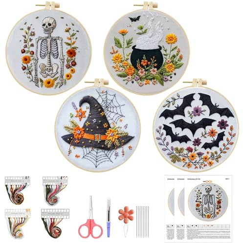 Halloween Deko Stickset Set Anfänger, 4er Set Kreuzstich Set Vorgedruckt, Halloween Dekoration Skelett Hexe Stickerei Erwachsene, Sticken Nadelspitze DIY Kit mit Stickwerkzeug für Kunsthandwerk (B)