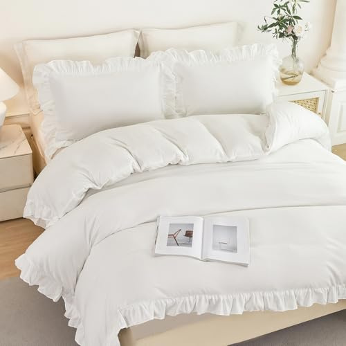 ZSYAYAHA Twin Size Kids Duvet Covet Set White Ruffle Comforter Cover for Girls Teens 3 Pieces Fluffy Farmhouse Bedding Cover Set with Ruffled Layer for All Seasons(White, Twin)