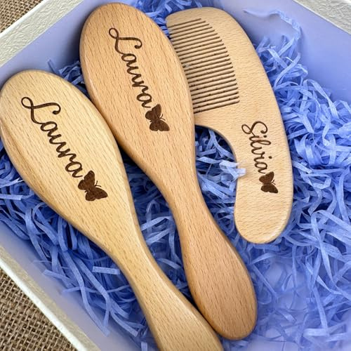 Personalisiertes Baby-Haarbürsten- Und Kamm-Set Aus Holz Mit Namen, Individuellen Symbolen Und Schriftarten, Personalisierte Bürste Für Kleinkinder Mit Milchschorf, Geschenk Zur Geburt, Babyparty
