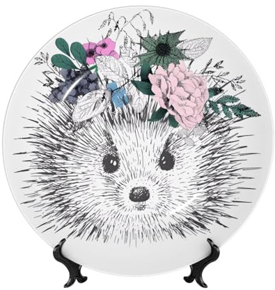 PHAYAH Plato decorativo de porcelana de hueso con soporte de erizo en patrón de corona floral para oficina, cocina, mesa, decoración para colgar en la pared, 8 pulgadas