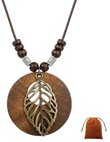 Elegant Long Necklace for Women Featuring Unique Leaf Pendant - Handcrafted Bohemian Style Adjustable Brown Braided Cord with Wooden Beads and Bronze Alloy Charm, Intricately Detailed for Daily Wear