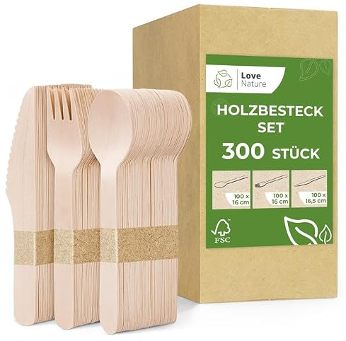 Love Nature Einwegbesteck Set 300 Stück - Holzbesteck Einweg