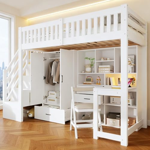 Letto a castello 90x200cm con scrivania e armadio,letto a soppalco per bambini con cassetti e vano portaoggetti,letto castello con Scaletta, struttura letti ragazzi 90x200,Pine,Senza materasso,Bianco