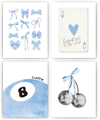 ZenithAura Helles Blau Kokette Modischer Preppy Wandkunst Drucke Set Von 4 Kokette Preppy Zimmer Deko Blaue Schleife Disco 8 Ball Kirsche Wand Deko Poster Für Mädchen