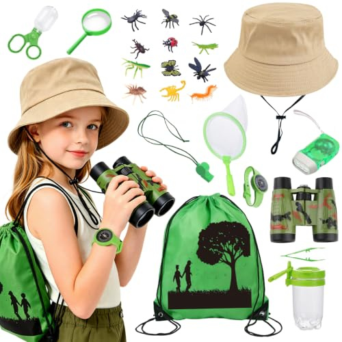 Kids Outdoor Exploration Kit, 13Pcs Bug Catcher Set and Explorer Kit（Green) | Hat with Adjustable Chin Strap Real Working Compass & Whistle Binoculars for Observation Educational Gift for Boys & Girls