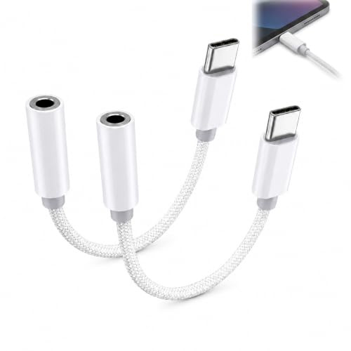 Adaptador USB C a Jack 3.5 mm 2 Piezas, Adaptador Auriculares Tipo C a Jack Audio AUX HiFi con Chip DAC Cable Compatible con 16 15 Pro MAX Galaxy S25 S24 S23 Pixel Blanco