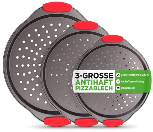 NutriChef Pizzablech Schwarz 3er-Set Ø 24 cm, 28 cm & 33 cm – Gelochte Antihaft-Backformen aus Carbonstahl mit Silikongriffen Stapelbar und spülmaschinengeeignet, für Pizza, Flammkuchen und Brot