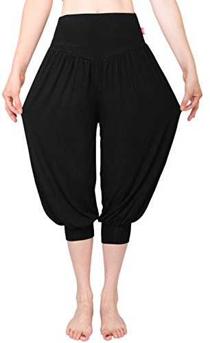 MEISHINE® Sommer Damen 7/10 Abgeschnittene Hose Modal Elastisch Haremshose Pluderhose Pumphose Ideal für Sport Yoga Tanz Jogging Dance (Size XXL, Schwarz)