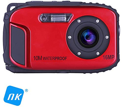 NK Cámara Compacta Digital Acuática Waterproof 16mp FHD 720p, Zoom Óptico x1 Digital x8, Pantalla 2,7, Detección Rostros, Estabilizador Digital, Foto-Vídeo, Color Rojo (Resistente al Agua 10 Metros)