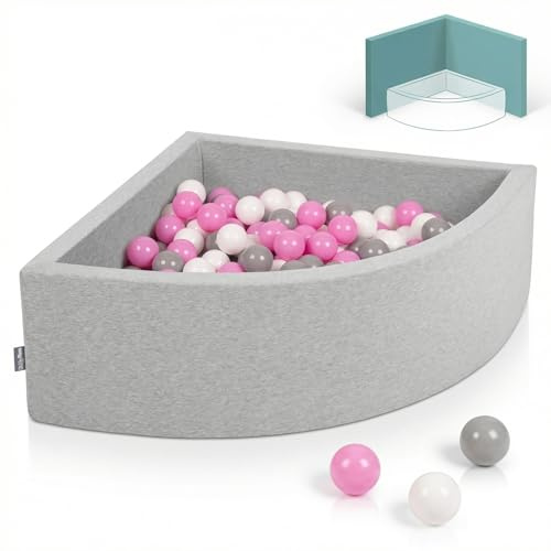 KiddyMoon Eckiges Viertel Bällebad 90x30 cm mit 200 Bälle 7 cm Schaumstoff Bällepool für Baby und Kleinkinder - Hellgrau: Grau Weiß Pink