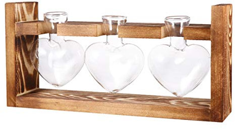 BESTonZON Glasvase Glaskolben Hydrokulturpflanzen Hängevase Herz Form Blumenvase Retro Tischvase Dekovase Holz Halter Glühbirne Terrarium Pflanzer für Garten Balkon Fenster Hochzeit Party Deko