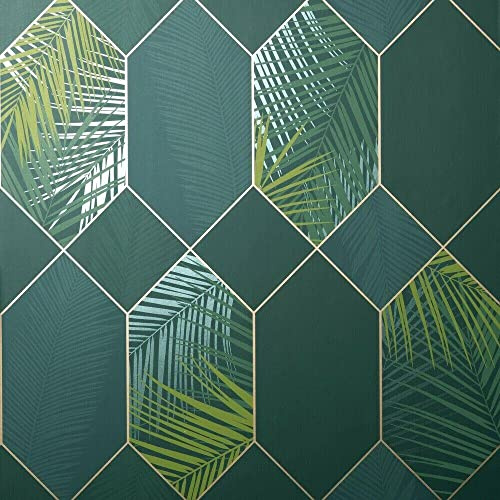 Full Roll Green Gold Miami Wallpaper Tropical Jungle Geometric Metallic