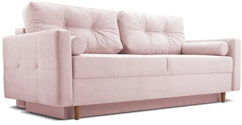 Fabryka Mebli Idźczak Schlafsofa Sofa Pastella Couch Ausklappbares Sofa Schlaffunktion Bettkasten - Kissen Bettzeugbehälter Hilfsautomat - Wohnzimmer, Gästezimmer Modern Design (Queens 19 Rosa)