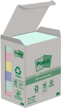 Post-it Recycling Notes, Assortierte Farben, Packung mit 6 Blöcken, 100 Blatt pro Block, 38 mm x 51 mm, Farben: Grün, Pink, Gelb, Blau - Selbstklebende Notizzettel aus 100% Recyclingpapier