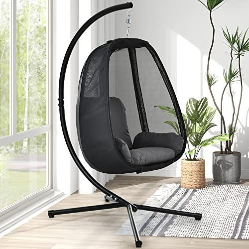 Mingfuxin Swing Egg Chair Garden Patio Indoor Outdoor Hängesessel mit Kissen und wasserdichtem Bezug, Outdoor Patio Stand Veranda Lounge Egg Hängematte Stuhl (Schwarz)