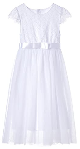Ugitopi Mädchen Spitze Langes Kleid Kinder Tüll Party Prinzessin Kleid (White, 140)