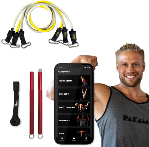 PAKAMA - Premium Widerstandsbänder (inkl. App) mit Stange oder Griffe für Home Workout & Krafttraining Zuhause - Extrem Resistance Bands 4,5kg - 24kg - Fitness-Bänder für bis zu 220kg Widerstand