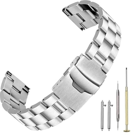 Kai Tian Klassisch Edelstahl Uhrenarmband 20mm 22mm 24mm Schnelle Veröffentlichung 3 Zeilen Ersatzarmband, Schraubverschluss mit Faltschließe für Männer Frauen Schwarzes Silber