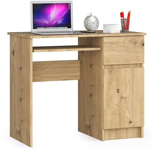 AKORD Piksel Schreibtisch Klein mit Schubladen | Computertisch | Bürotisch mit Tastaturablage | Holz Deko | B90 x H77 x T50 cm 30 kg | Schrank Rechts | Farbe: Kunsthandwerkliche Eiche