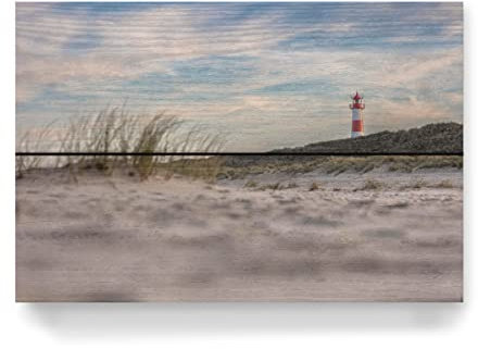 artboxONE Holzbild 30x20 cm Reise/Strand und Meer Leuchtturm in den Dünen von Künstler Margarete Hönnscheidt