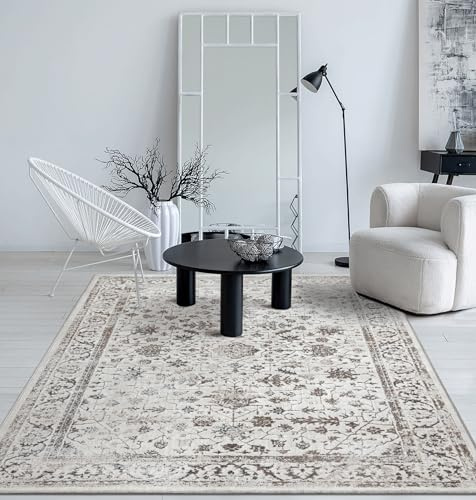 the carpet Mila Teppich – moderner Kurzflor Wohnzimmerteppich mit 3D Hoch-Tief-Effekt, Glanzeffekt & weicher Oberfläche, Fußbodenheizung geeignet, Bordüre, Creme, 160 x 230 cm