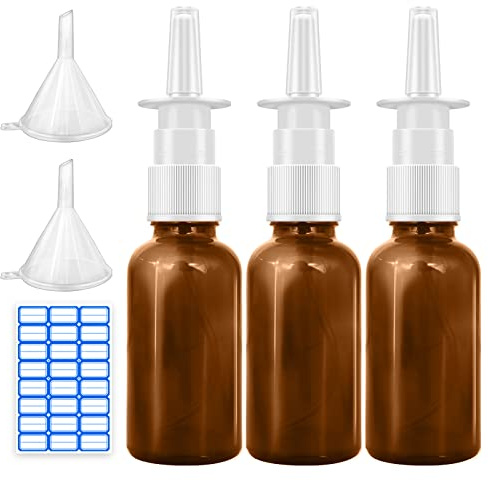 Cupohus Nasal Spray Bottle, 3 Pcs 30ML/1oz Amber Glass Refillable Fine Mist Sprayers Atomizers, Travel Sized, Empty Nasal Sprayer with Funnels and Labels