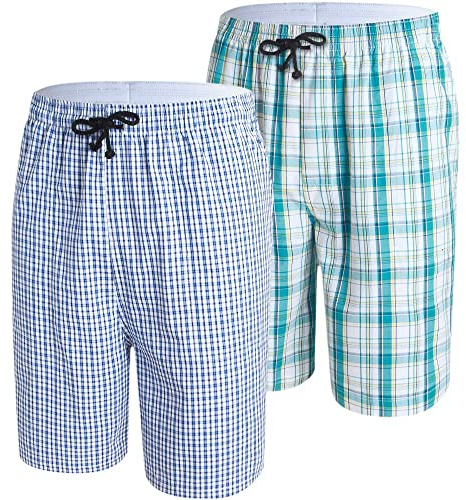 MoFiz Pantalones Cortos de Pijama Hombre Algodón Shorts a Cuadros Pantalón de Dormir Casa con Bolsillos Pack de 2 EU XL (Etiqueta L)