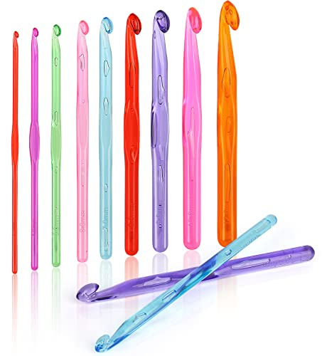 Aeelike 9 Stück Inline Häkelnadel Set Bunte Transparent Häkelnadeln, 3-12 mm Leicht Häkelnadeln Set mit Vertiefter Hakenkopf für Anfänger, Ergonomische Kunststoff Häkelnadelset für Arthritische Hände