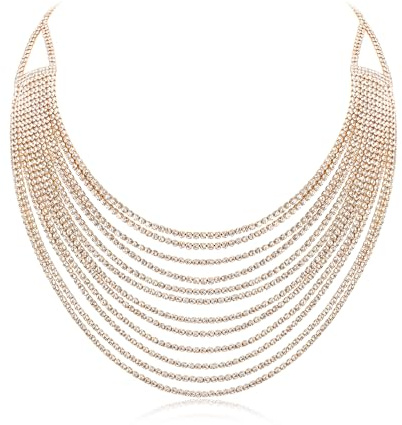 EVER FAITH Strass Fransen Halskette Mehrschichtige klobige Glitter Grau Strass Wasserfall Mehrstrang Ketten Statement Lätzchen Halskette lange Kette Modeschmuck