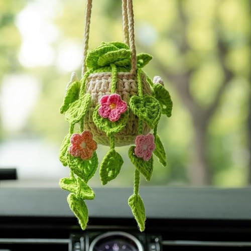 MENGSOOD Car Hanging Ornament Cute Crochet Plant Rear View Mirror Pendant Decoration Handmade Knitted Mirror Hanging Car Interior Accessories Gardening Hanging (Upgrade Pink Flower)