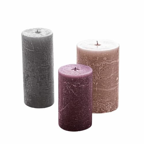 Loberon Pretin Set di 3 Candele - Tradizionale Lavorazione a Mano - Cera Interamente Colorata, Rosa/Lilla/Grigio