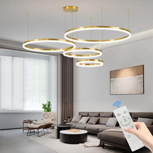 Mikeru Dimmbare Hängende Pendelleuchten 4 Ring, 30+40+60+80cm Gold Moderne LED Küchen Pendelleuchte 10% Bis 100% 3000k/4500k/6500k Moderne Einstellbare Deckenleuchten für Wohnräume
