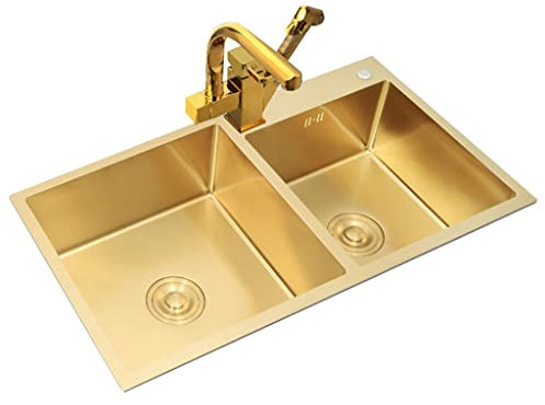 Évier de cuisine à cuve simple en acier inoxydable avec siphon Évier de cuisine à double cuve fait à la main avec crépine et robinet pour installation encastrée et encastrée (Couleur : Or, t