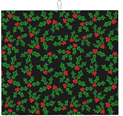 Alfombrilla Secado para Platos 41x46cm, Acebo En Negro Esteras De Secado para Cocina Multiusos Alfombrilla Secado para Encimera, para Tazas, Platos