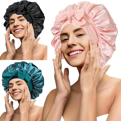 3Pc Silk Bonnet Satin Hair Bonnet With Tie Band for Sleeping Large Bonnets Hair Wrap with Adjustable Straps Hair Shower Cap Sleep Caps for Women Curly Braid Hair（Black+Coral Pink+Green）