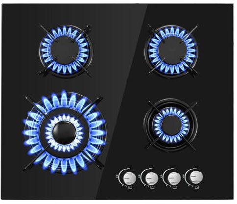 Plaque de Cuisson Gaz 4 Feux, TopStrong Plaque Gaz 4 Feux avec Sécurité Thermocouple 60cm, Noir Encastrable Table de Cuisson, Naturel/Propane, 8060W, 220-240 V, Verre