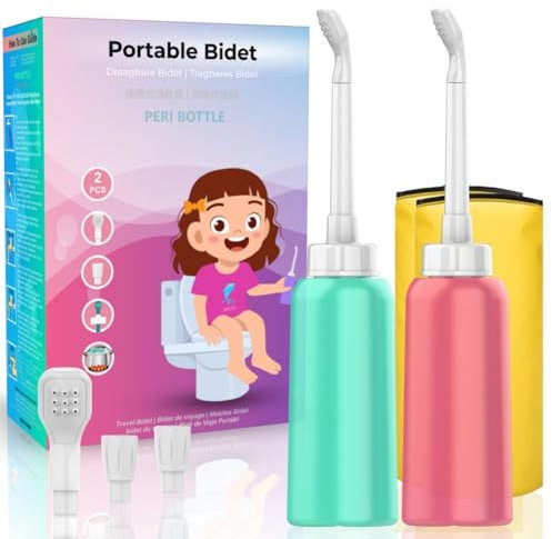 Dazzluxe Bidet Portatile da 2 Pezzi con 2 Ugelli + Tubo Scalabile, Bidet da Viaggio Personale Portatile da 17 Oz, Bottiglia Perineale Capovolta per Il Campeggio in Viaggio Cura Femminile,Style e